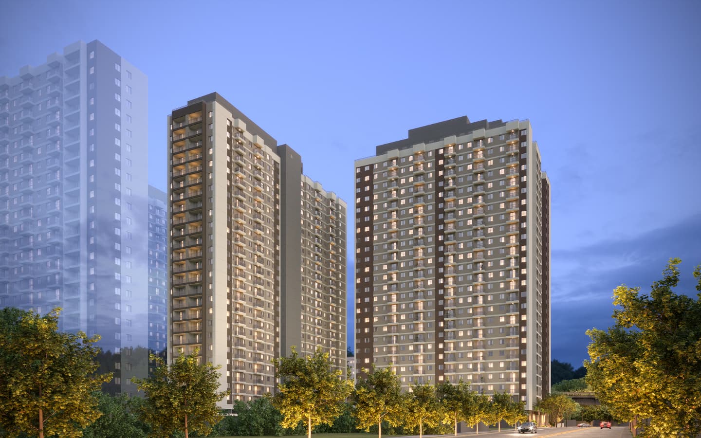 Vista externa ampla de torres residenciais altas ao anoitecer com iluminacao nas janelas