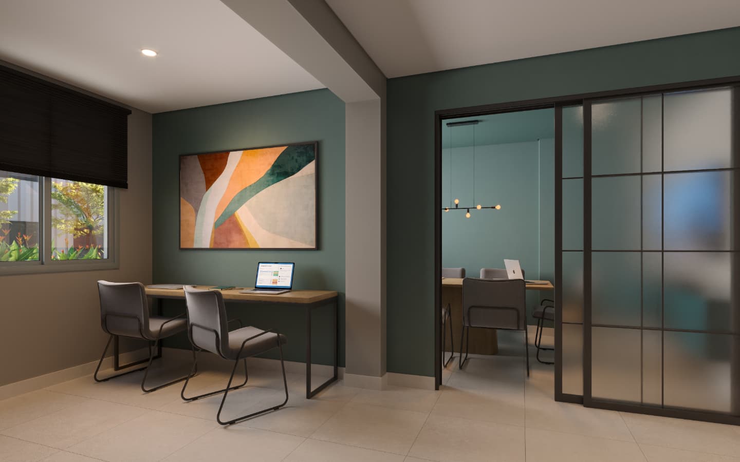 Sala de reunioes e coworking com mesa, cadeiras, quadro decorativo e divisoria de vidro.