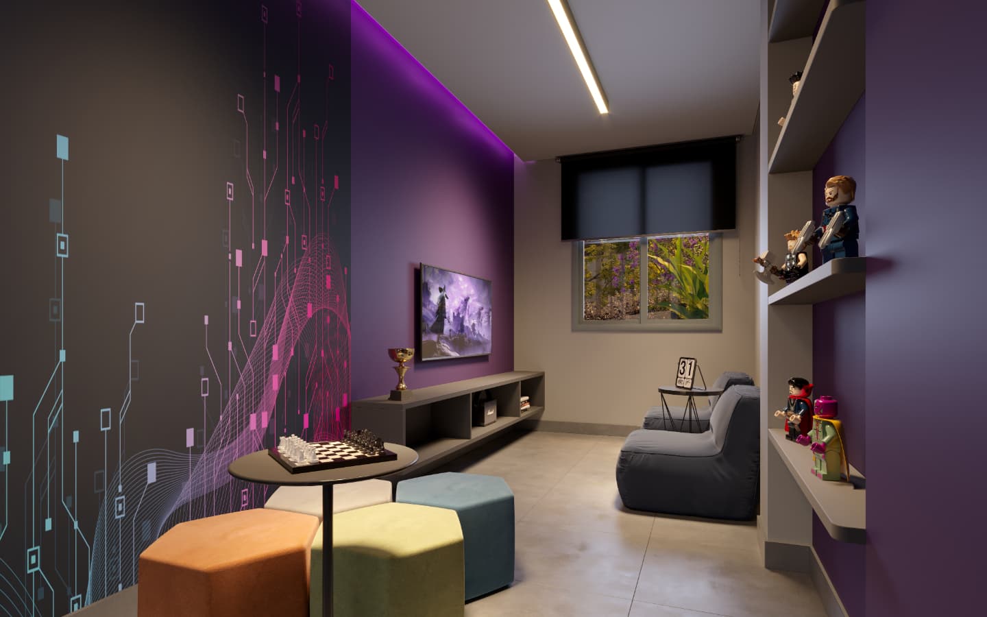 Sala de jogos com iluminação em LED roxa, pufes coloridos, mesa de xadrez e estante com bonecos colecionáveis.