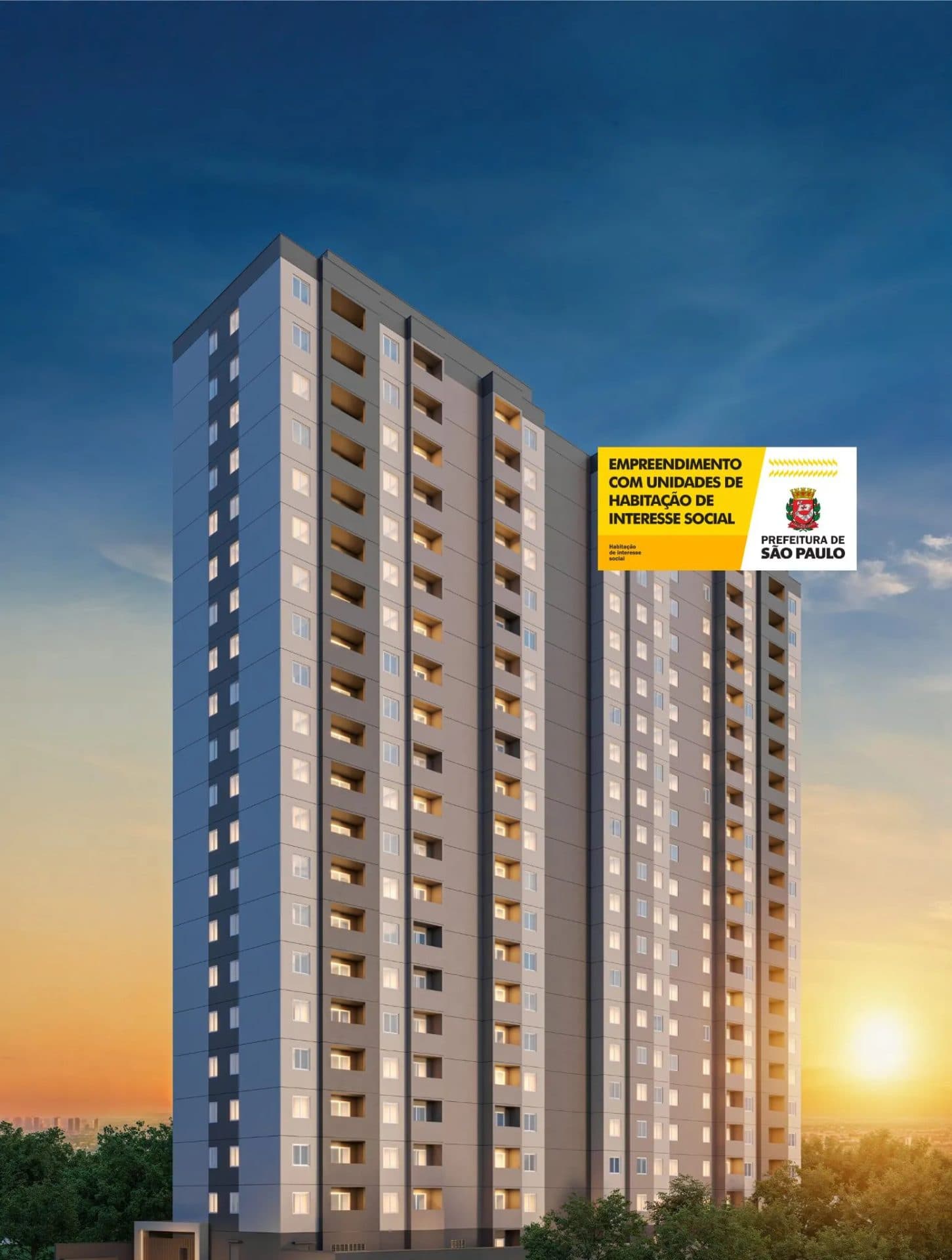 Fachada do edifício residencial de múltiplos andares com janelas iluminadas ao entardecer.