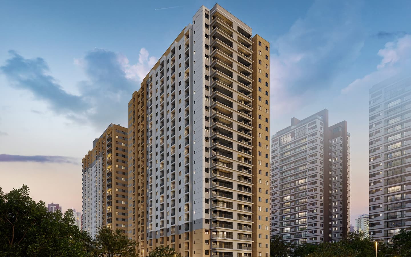 Fachada externa de edifício residencial alto com varandas