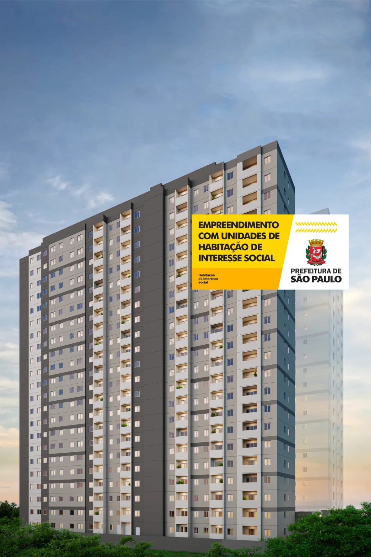 Vista externa da fachada lateral de torre de apartamentos com múltiplos andares.