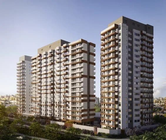 Perspectiva externa dos prédios residenciais com varandas e projeto paisagístico.