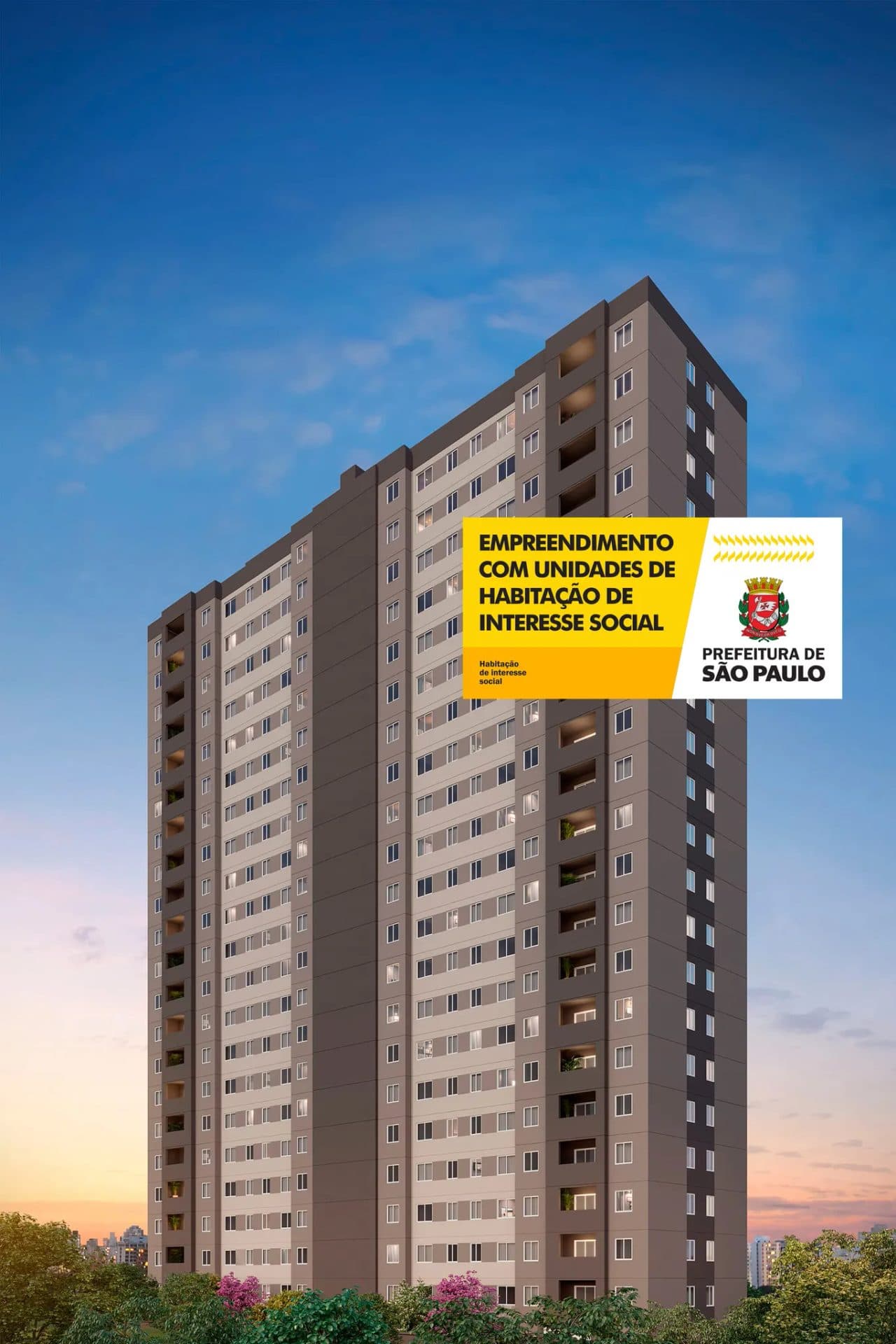 Torre residencial com pintura em tons de cinza e varandas