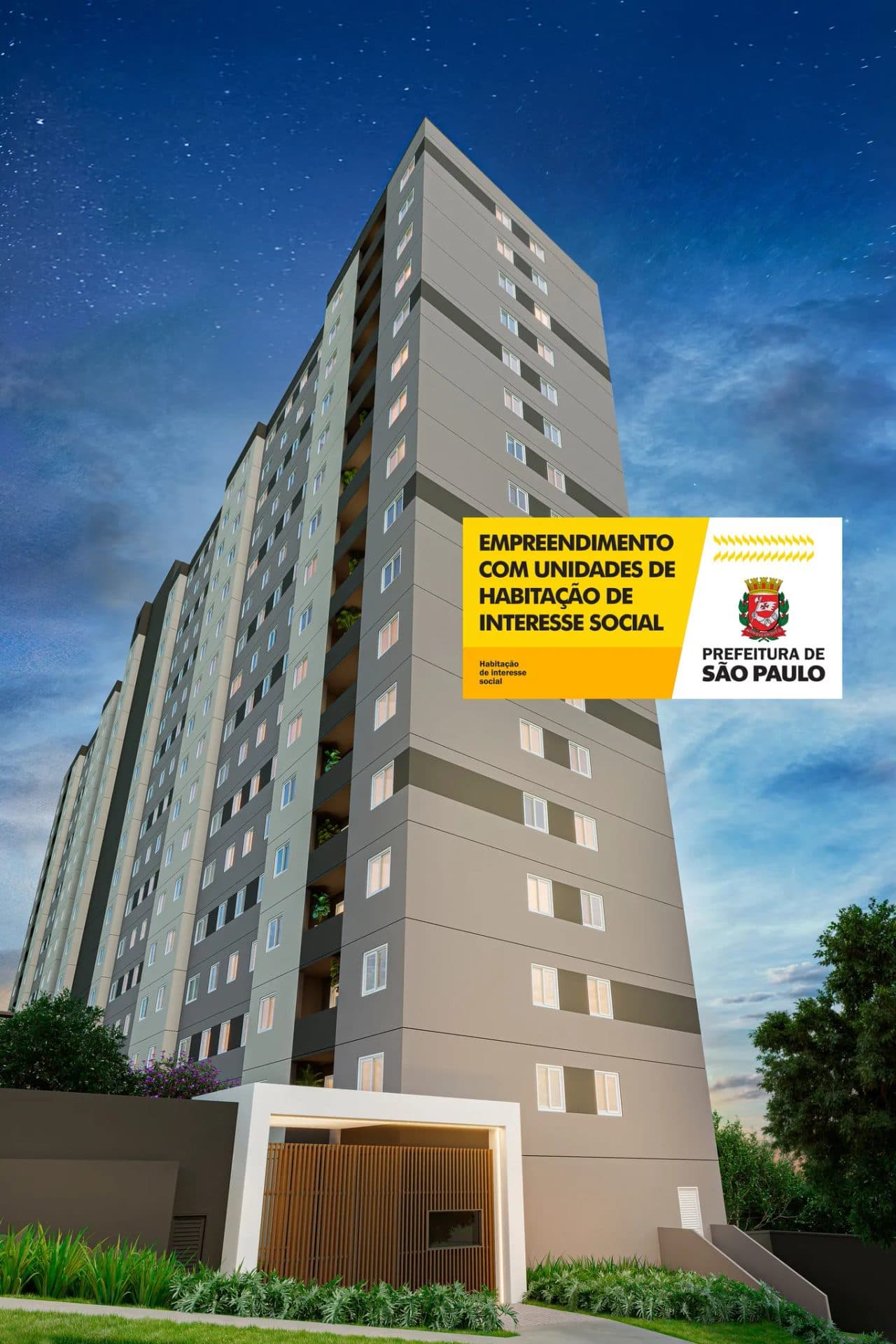 Vista externa da torre residencial alta e cinza com detalhes verticais.