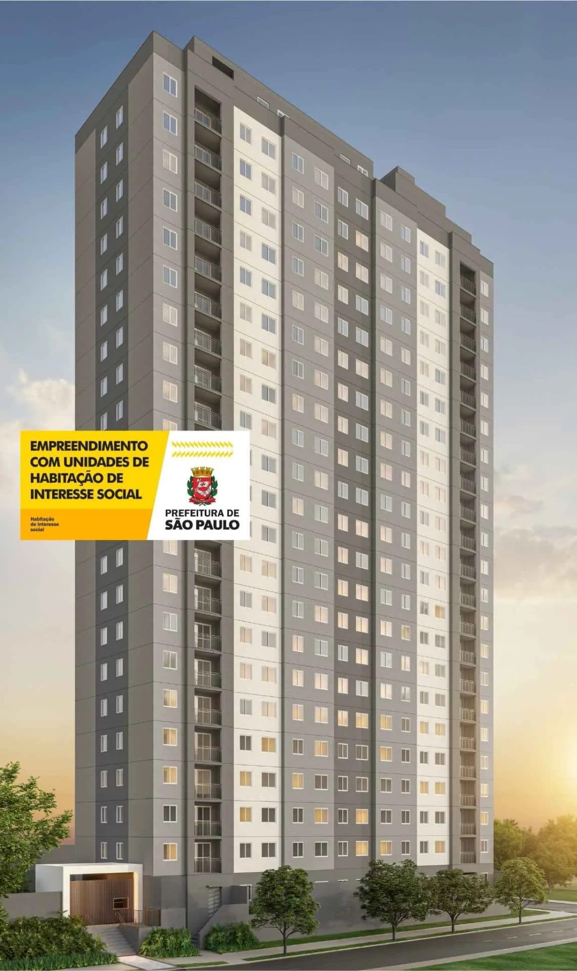 Fachada externa da torre residencial com pintura em tons de cinza e branco.