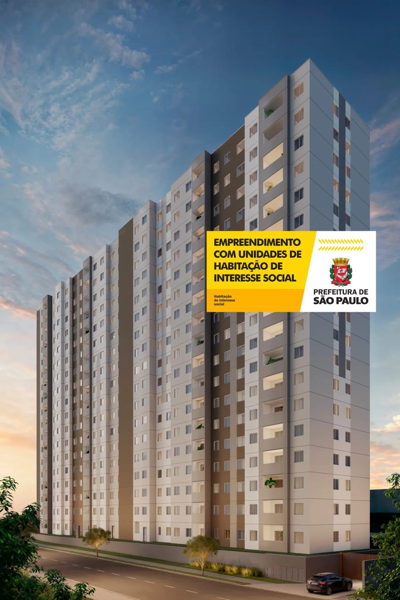 Fachada lateral dos prédios residenciais com detalhes em tons de cinza e marrom.