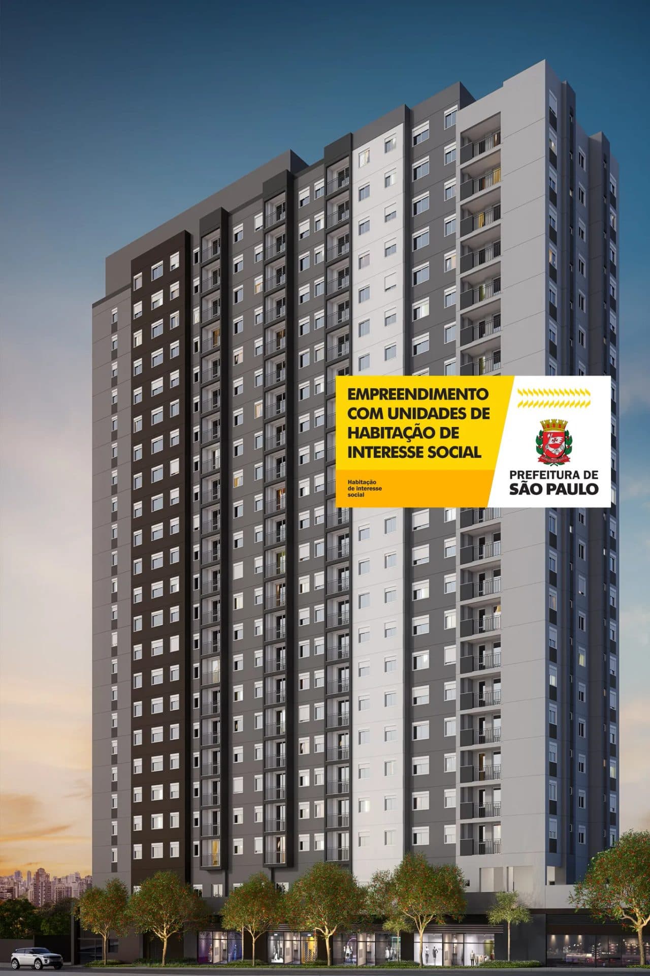Fachada do edifício residencial com projeto arquitetônico moderno e paisagismo na entrada.