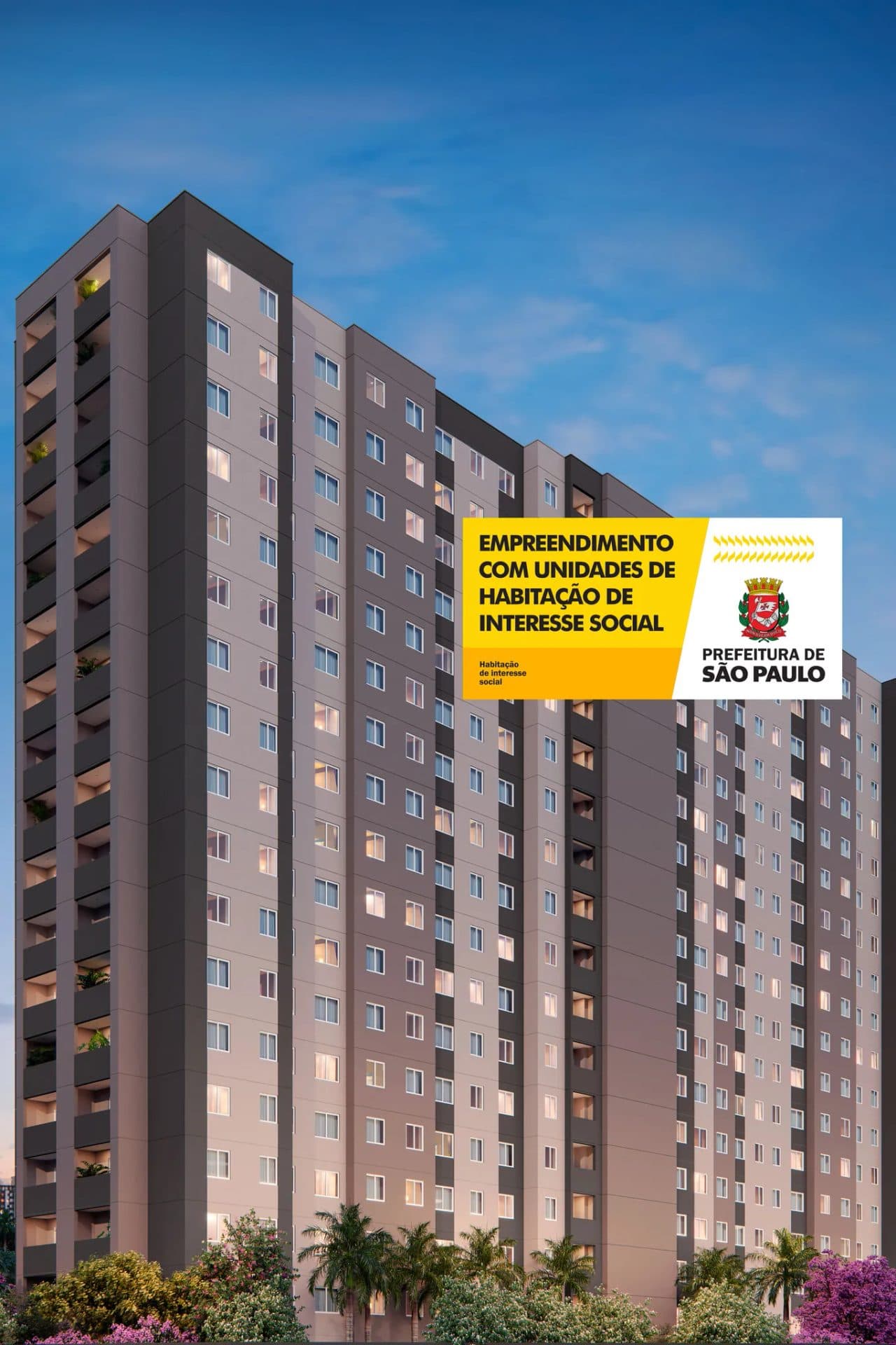 Fachada de torre residencial com varandas e pintura em tons de cinza e bege