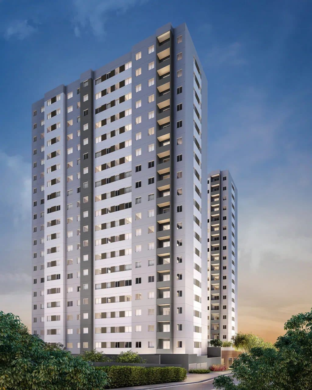 Vista externa da fachada das torres do condomínio residencial com varandas.