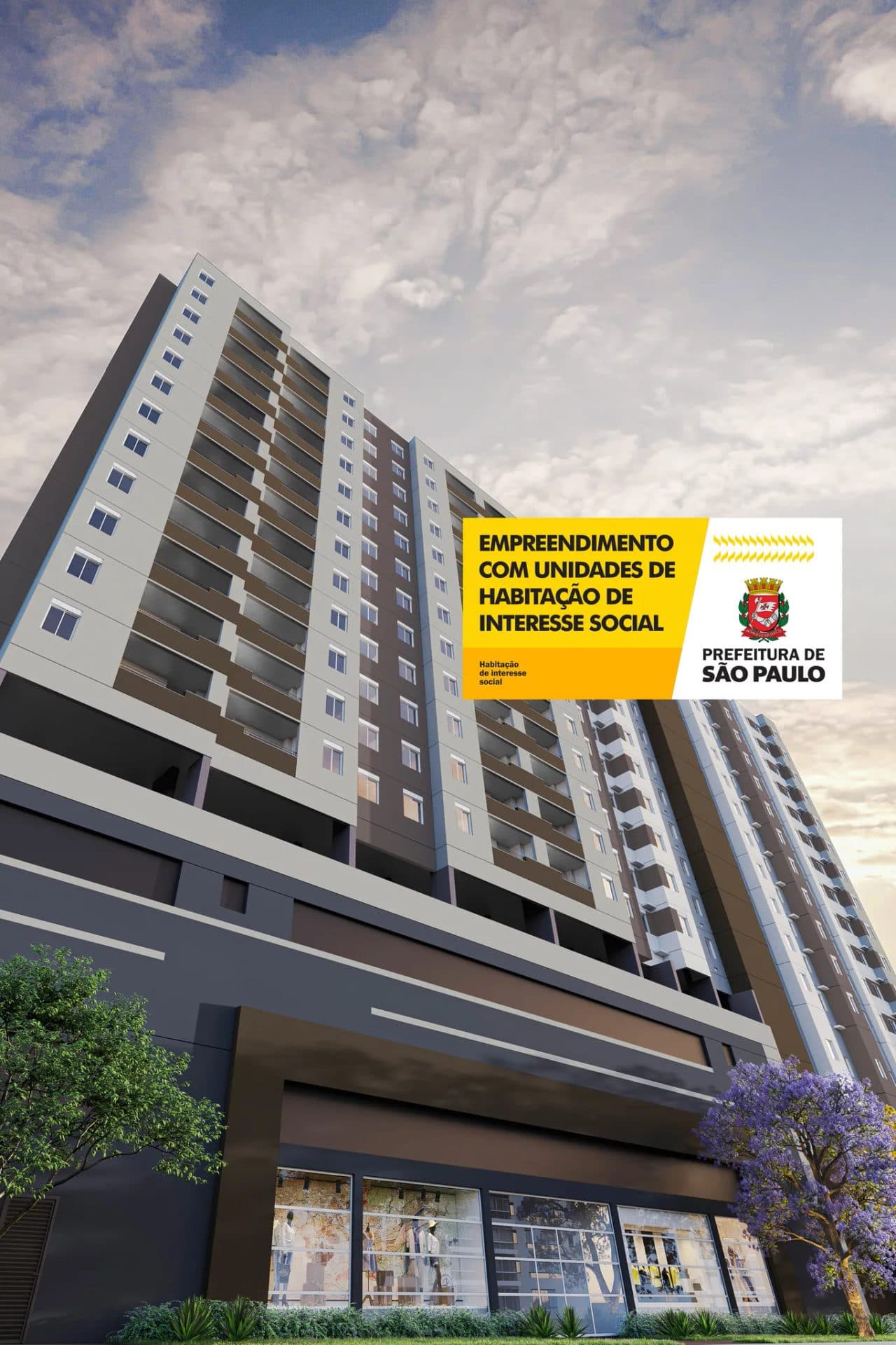 Vista externa completa do edifício com múltiplos andares e varandas