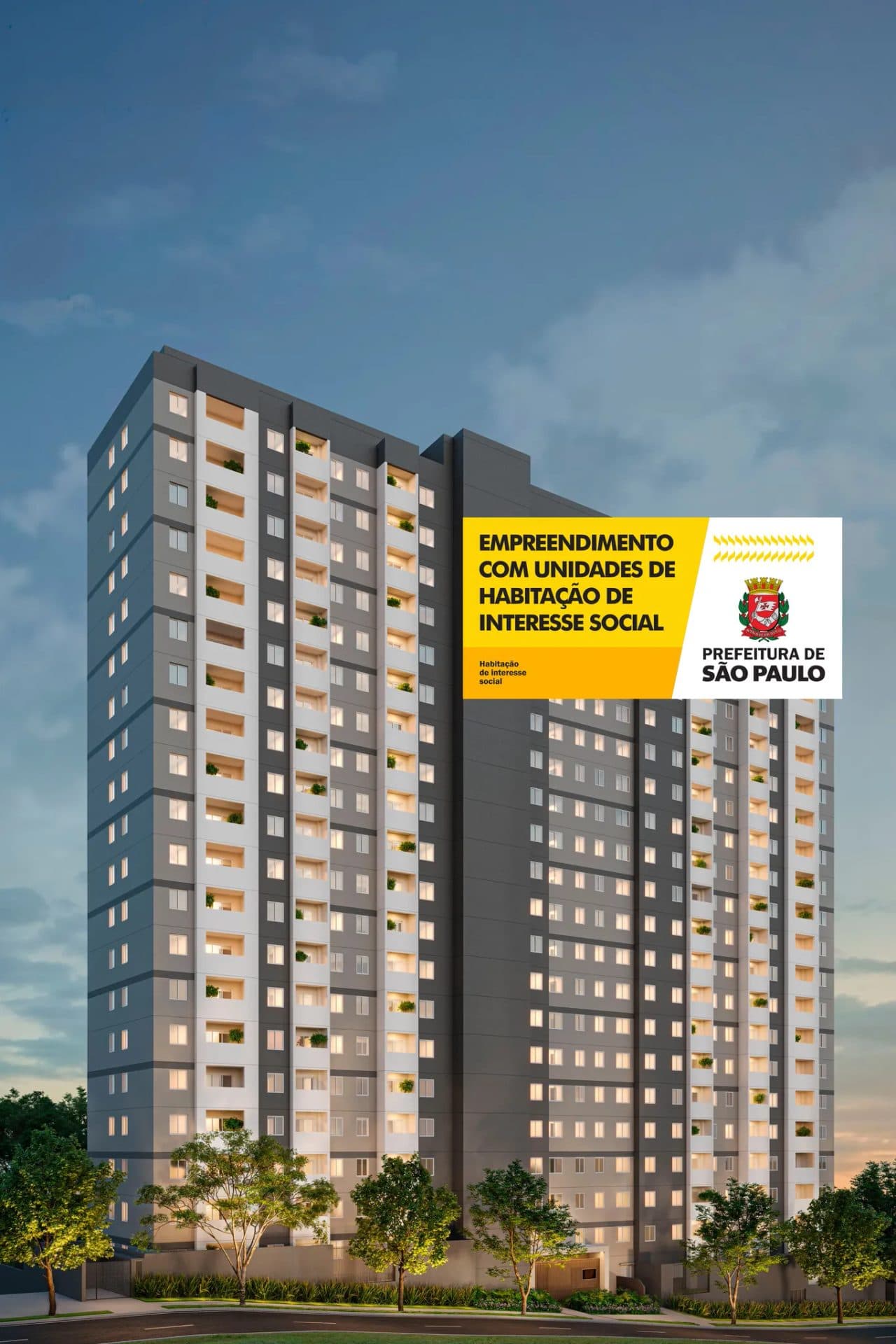 Fachada do edifício residencial com projeto paisagístico e unidades iluminadas ao entardecer.