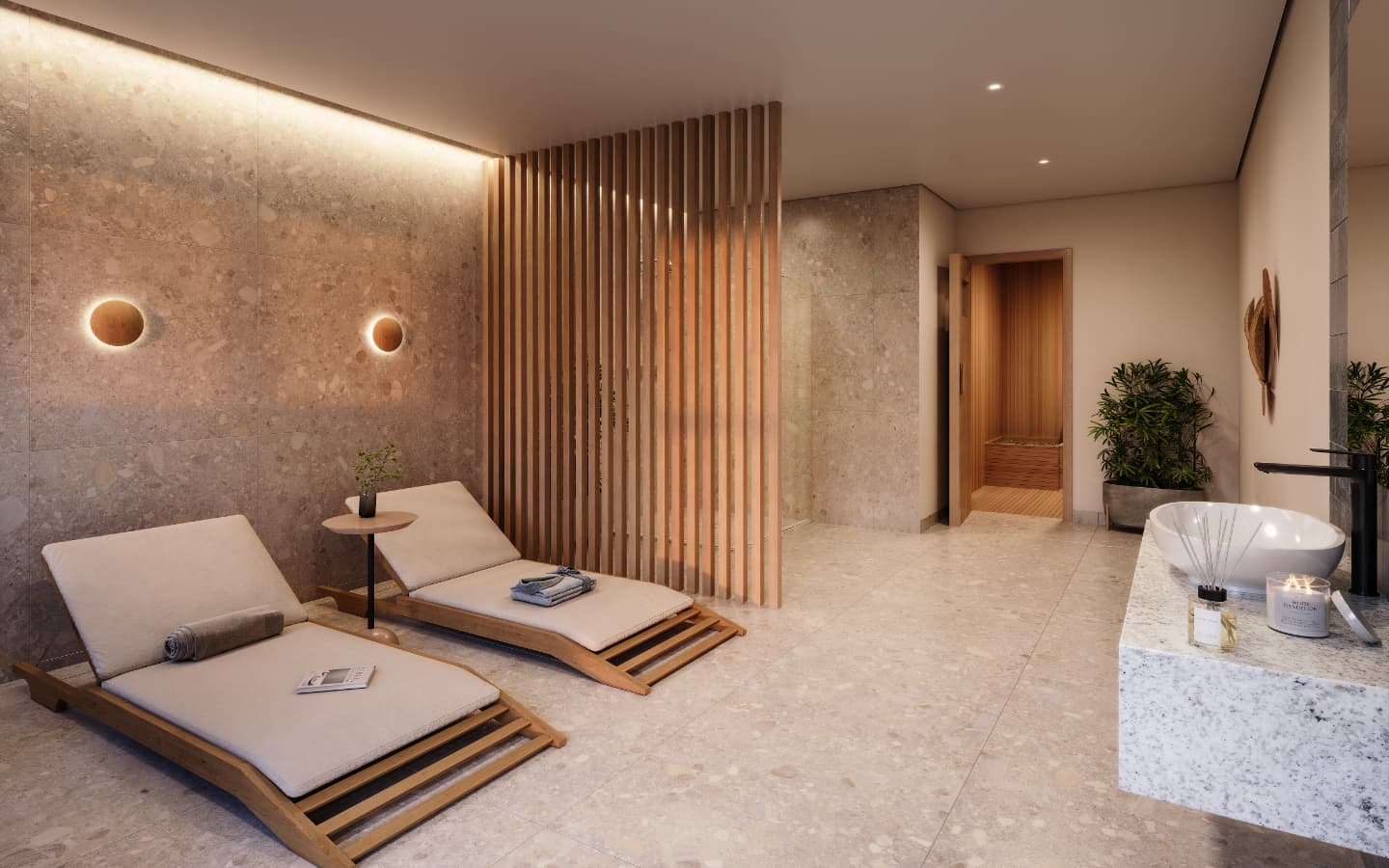 Área de spa com espreguiçadeiras, pia e porta para sauna.