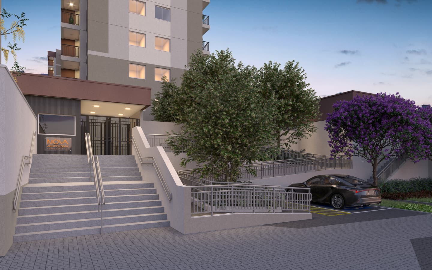 Fachada da entrada do condominio com escadaria, rampa e paisagismo