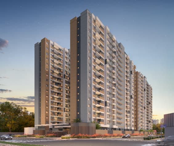 Fachada externa do condomínio com torres residenciais e paisagismo.
