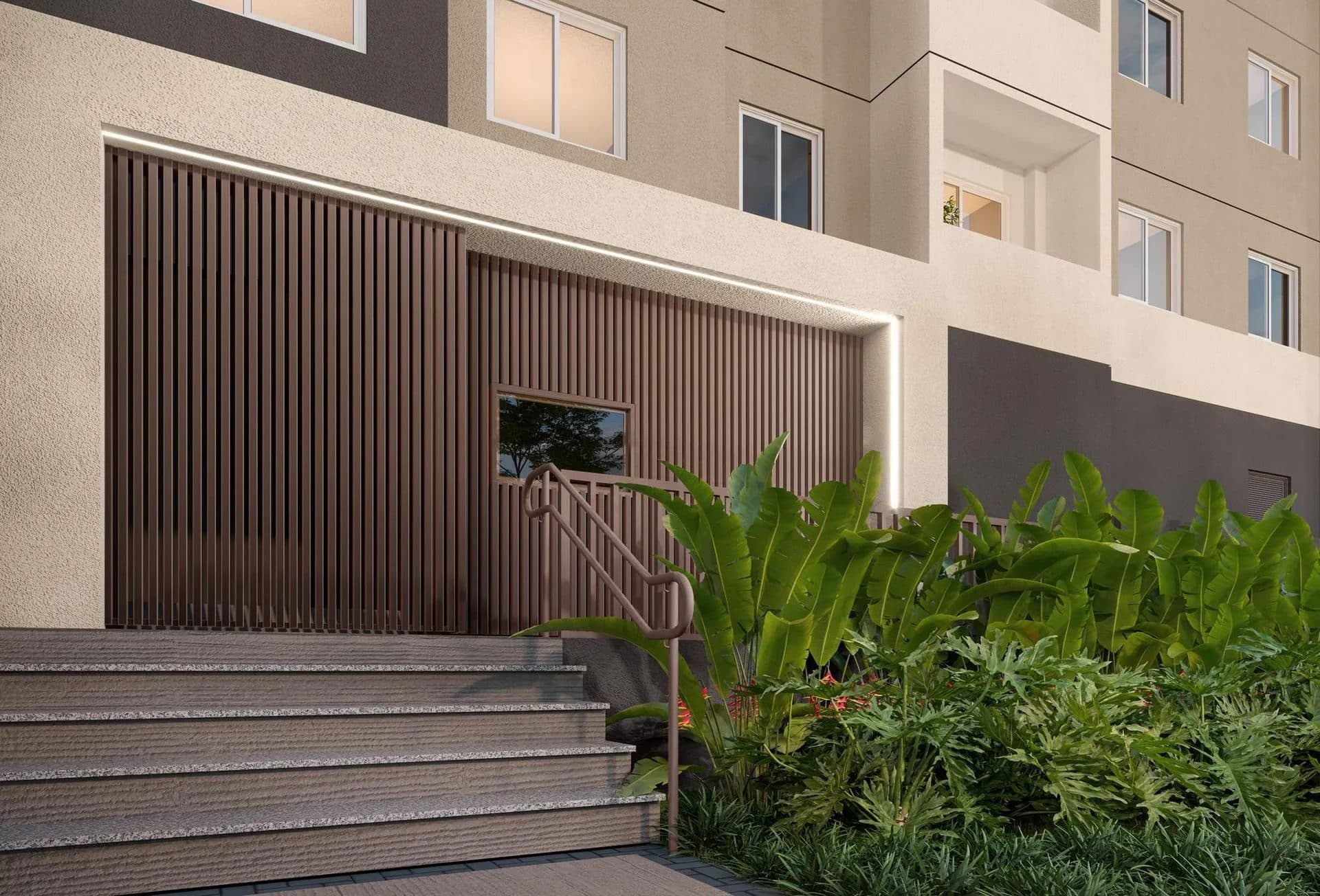 Detalhe da fachada com portaria, paisagismo e escadaria de acesso